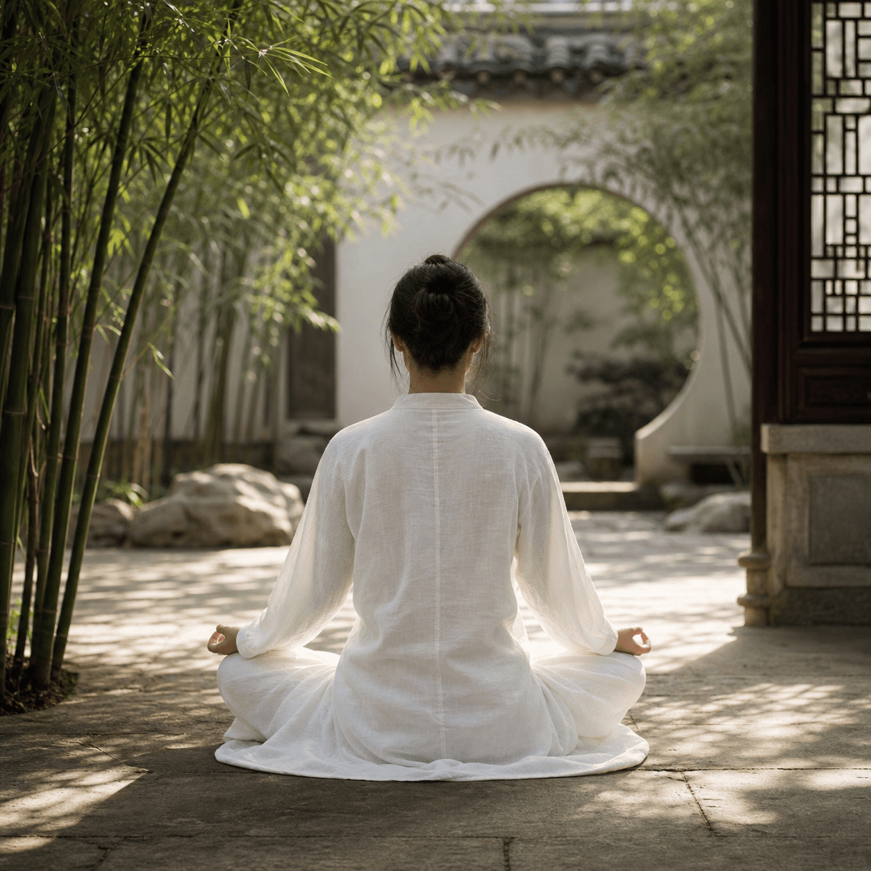 Quiet courtyard practice setting with tea and natural materials
