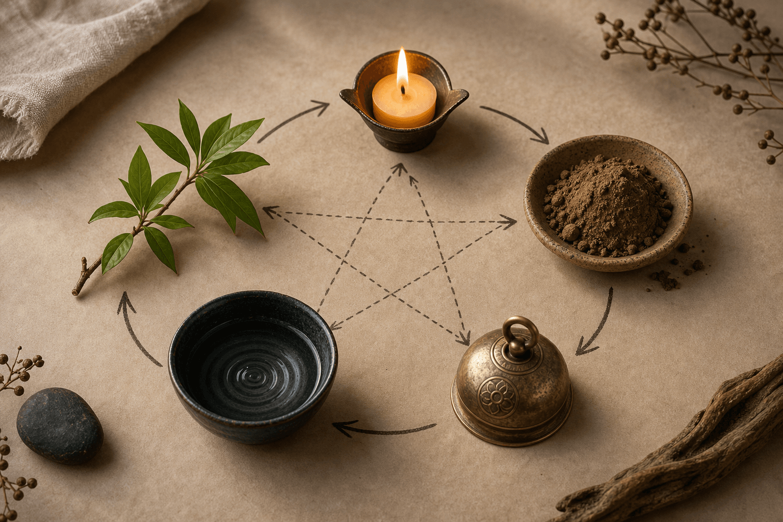 Five Elements objects arranged on a calm study table
